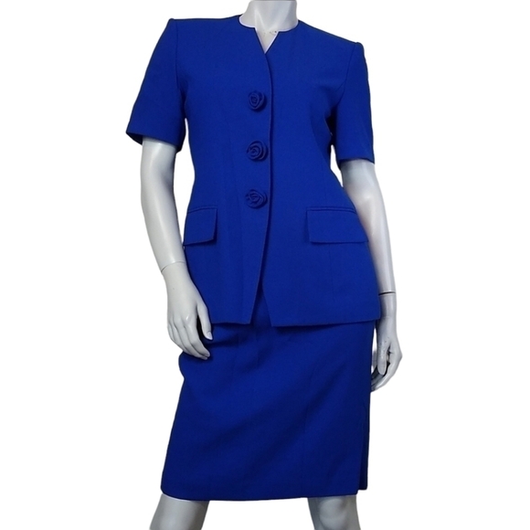 Le Suit Petite SZ 4P Royal Blue Early 90's Retro Short Sleeve Suit Skirt Set - Picture 1 of 15